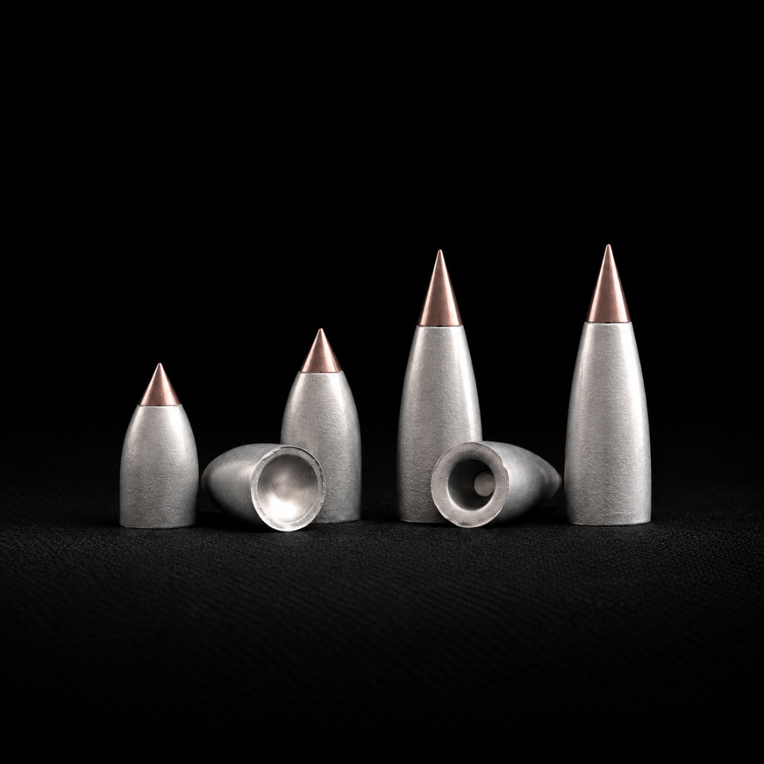 ALCO .357 caliber big bore PCP airgun slug lineup featuring ORION, steel tip, and hollow point airgun slugs for hunting and precision shooting.